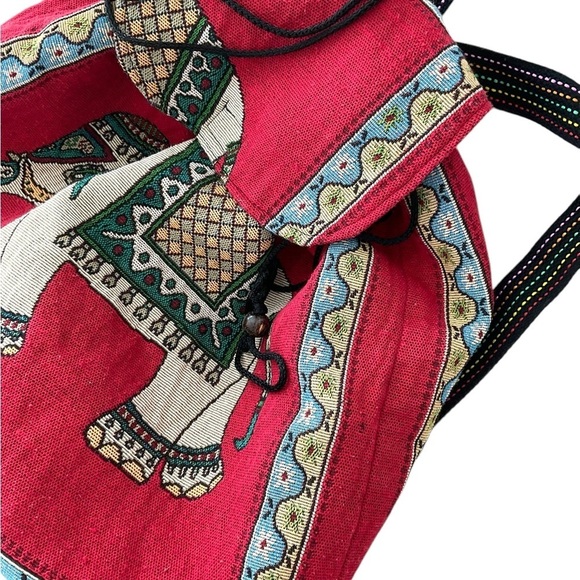 Tibetan Elephant Backpack Drawstring LARGE Red Multicolor Colorful - Picture 10 of 12